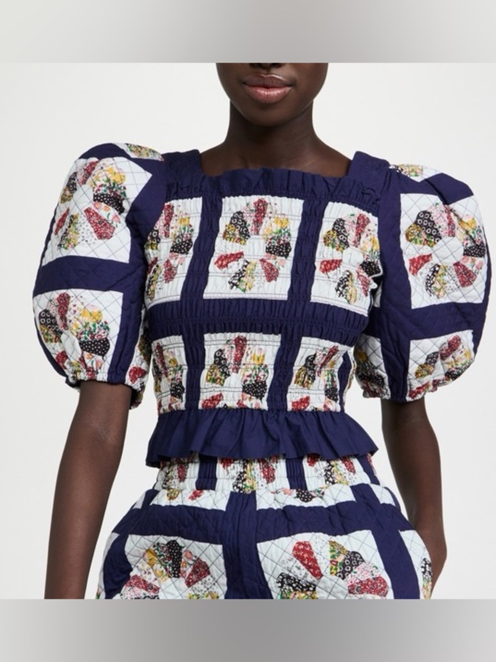Sea New York Navy Quilted Patchwork Puff-Sleeve Top 4